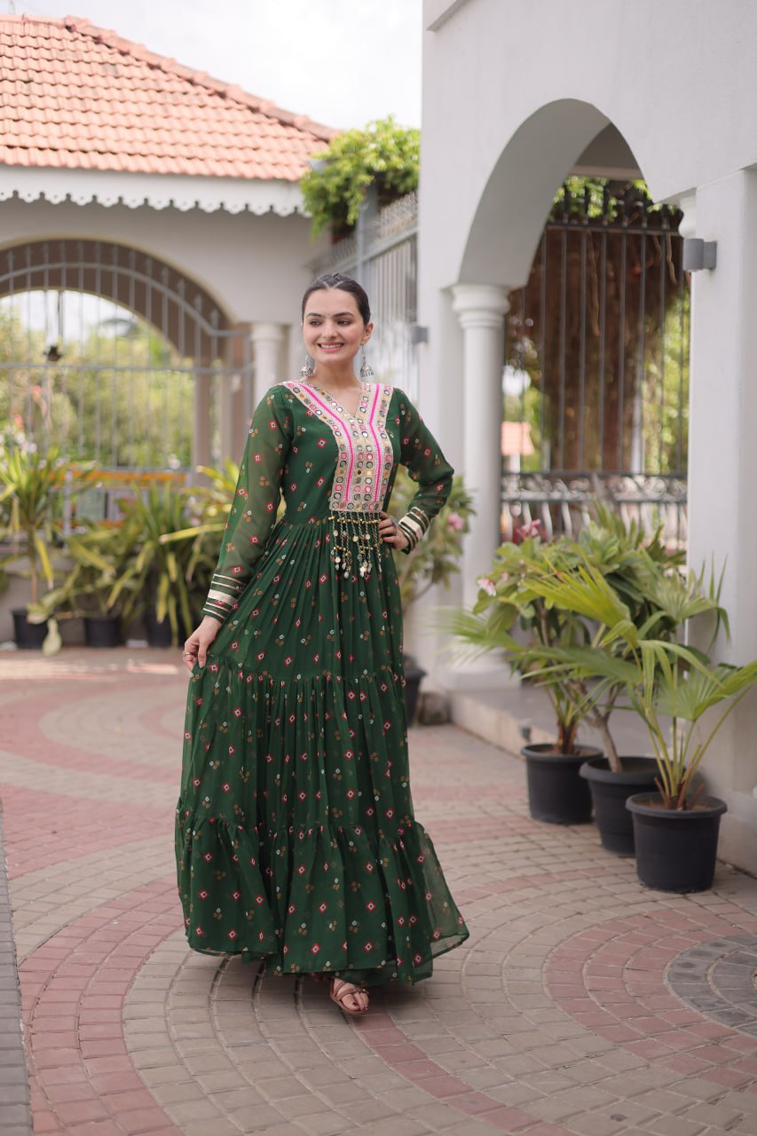 Dark Green Laheriya Print Kutchi Work Navratri Gown