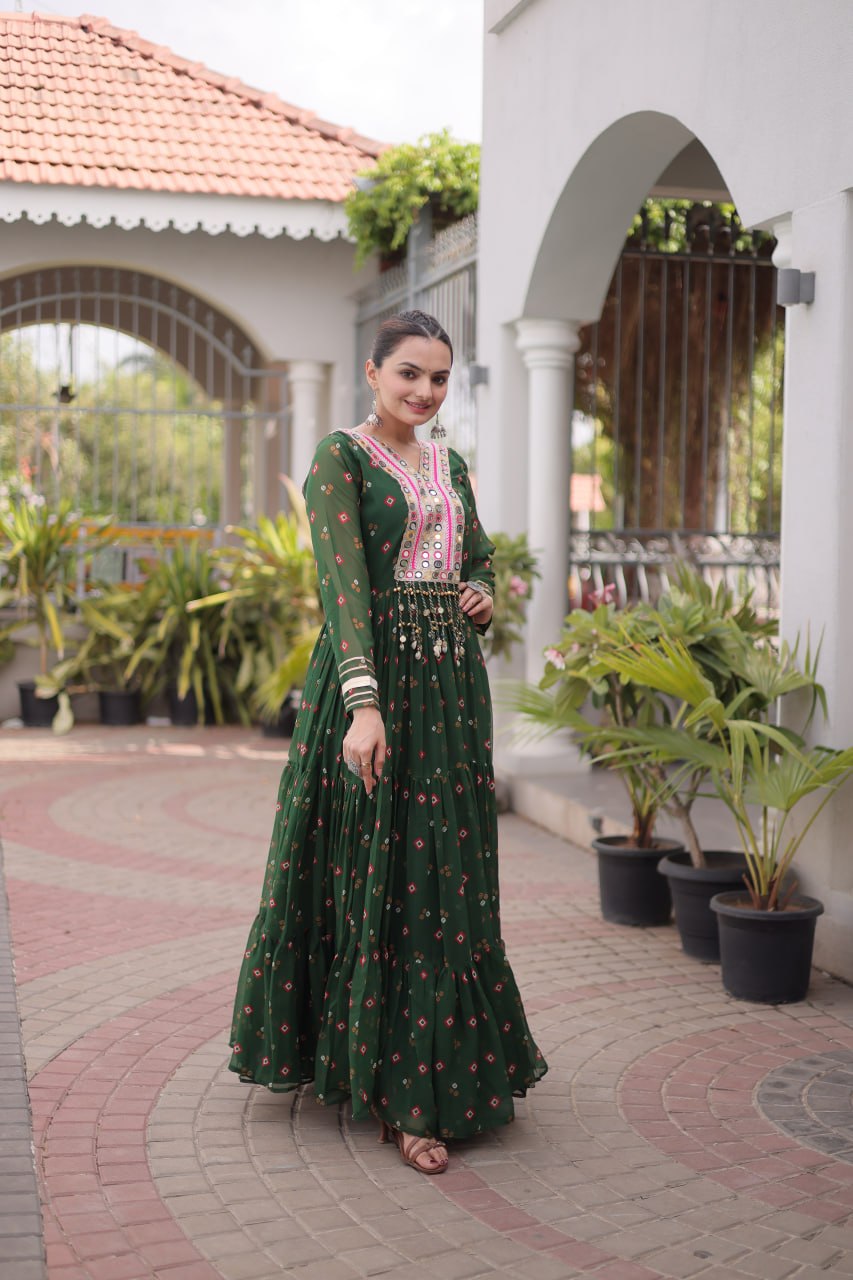 Dark Green Laheriya Print Kutchi Work Navratri Gown
