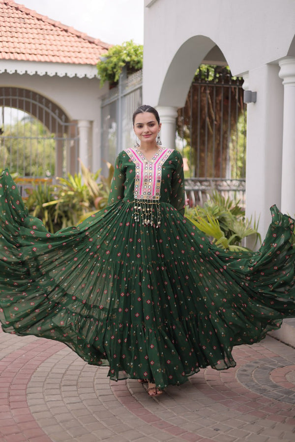 Dark Green Laheriya Print Kutchi Work Navratri Gown
