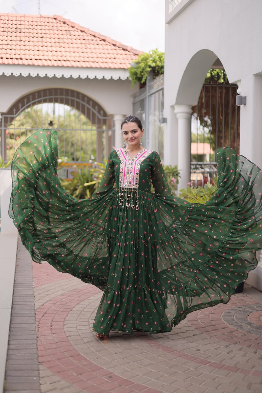 Dark Green Laheriya Print Kutchi Work Navratri Gown