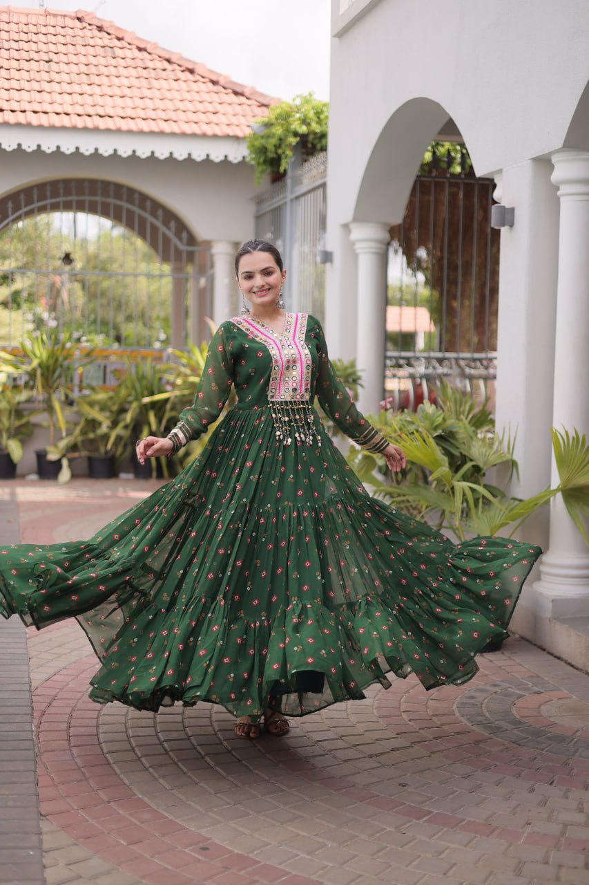 Dark Green Laheriya Print Kutchi Work Navratri Gown