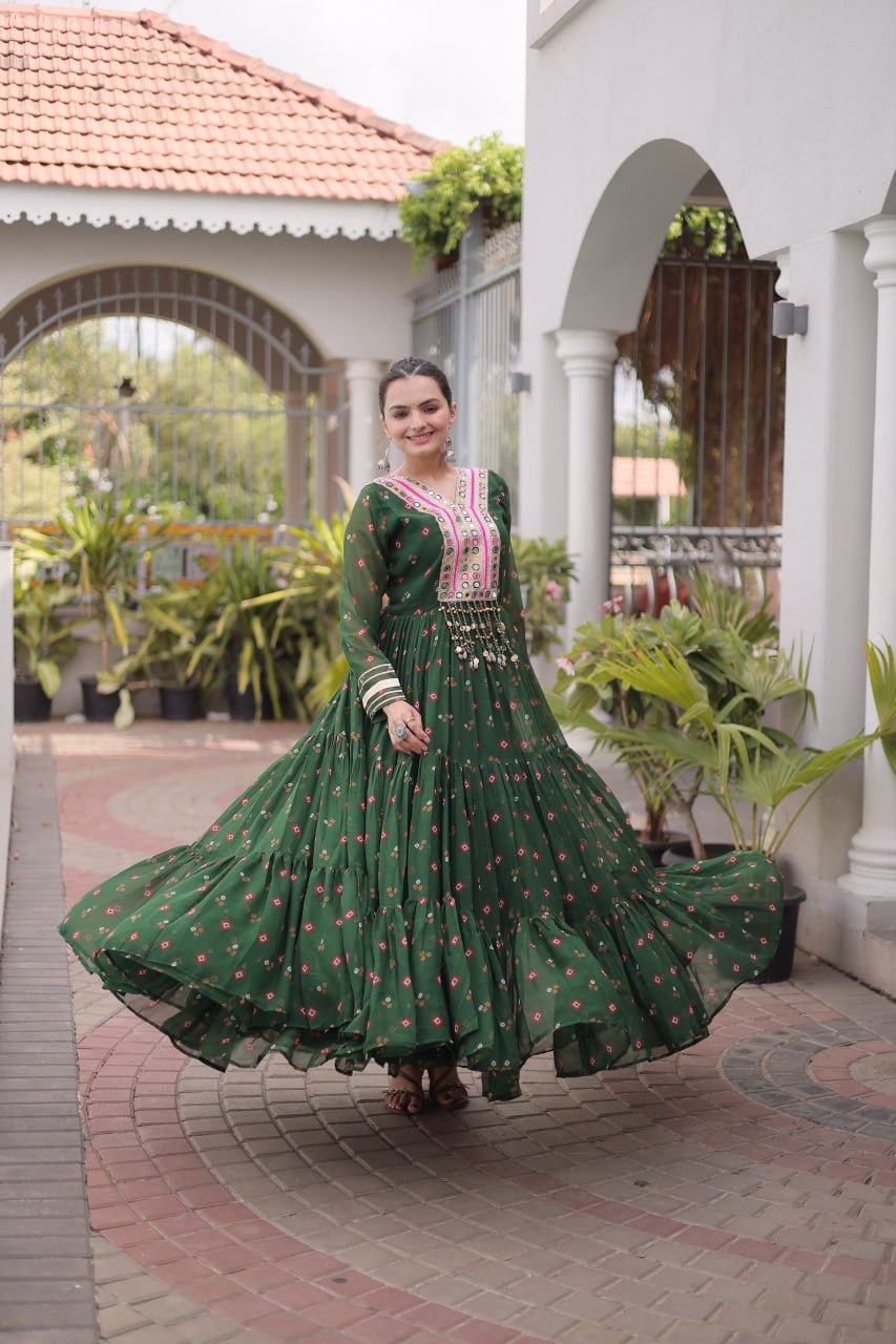 Dark Green Laheriya Print Kutchi Work Navratri Gown