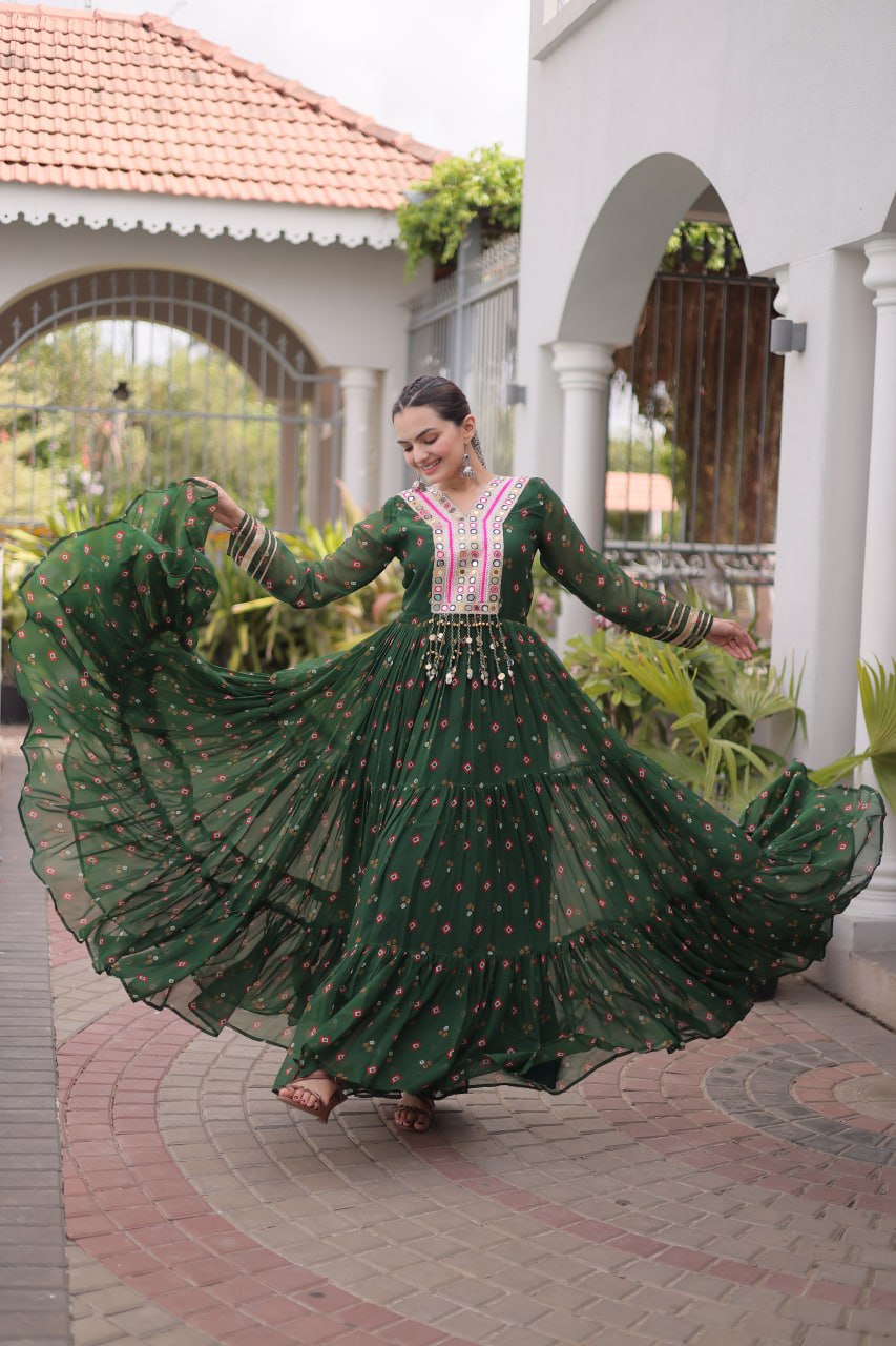 Dark Green Laheriya Print Kutchi Work Navratri Gown