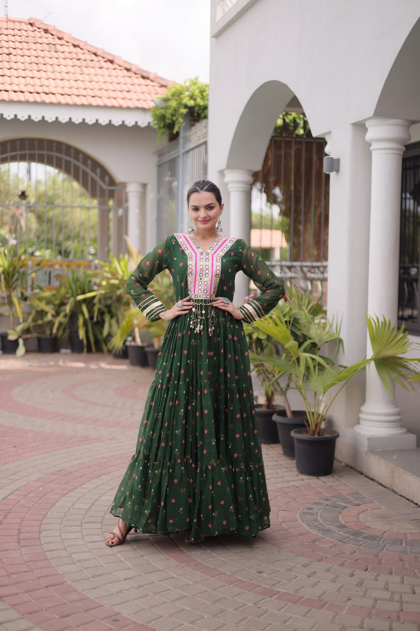 Dark Green Laheriya Print Kutchi Work Navratri Gown