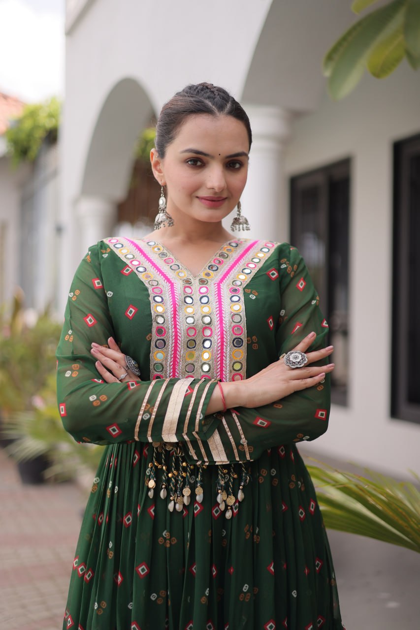 Dark Green Laheriya Print Kutchi Work Navratri Gown
