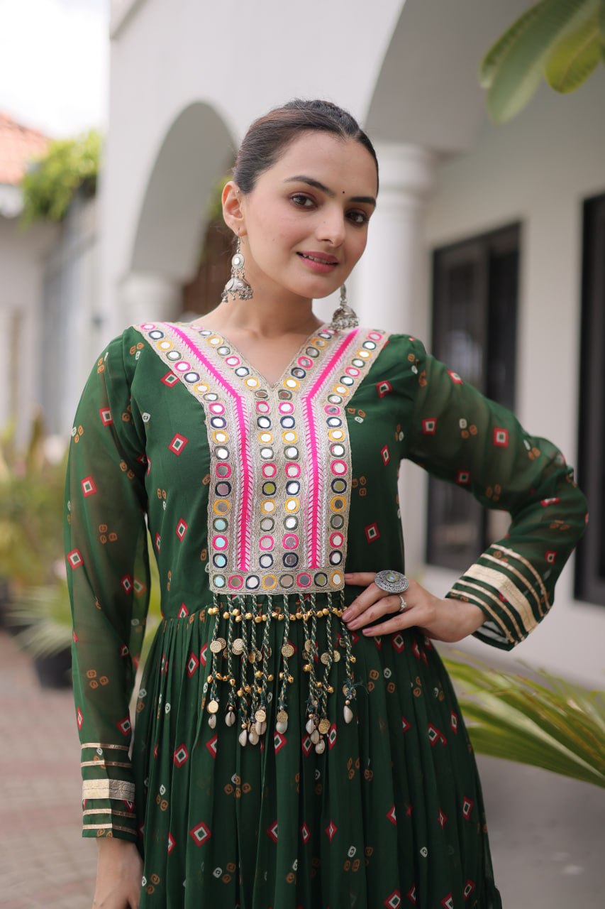 Dark Green Laheriya Print Kutchi Work Navratri Gown