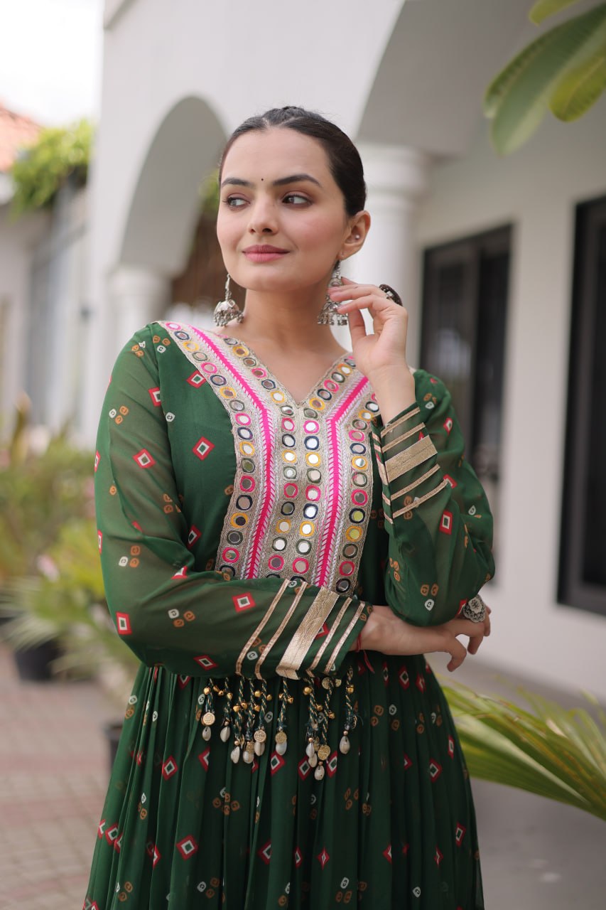 Dark Green Laheriya Print Kutchi Work Navratri Gown
