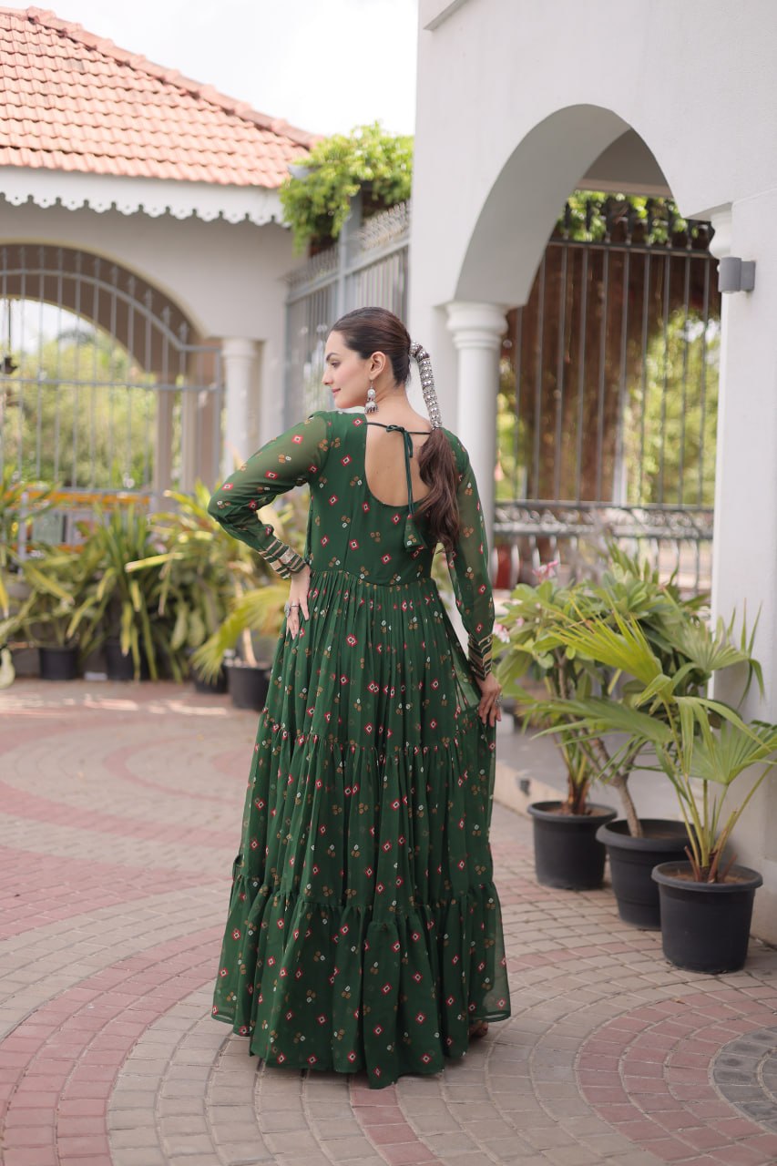 Dark Green Laheriya Print Kutchi Work Navratri Gown