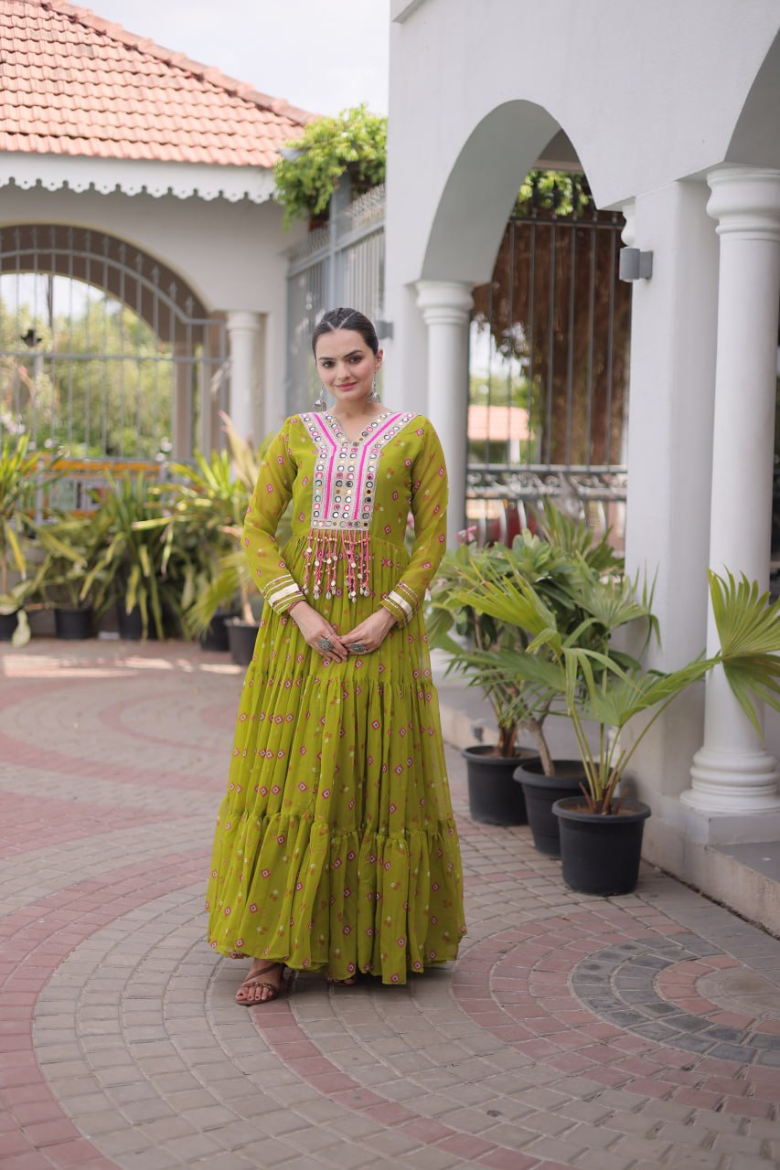 Green Laheriya Print Kutchi Work Navratri Gown