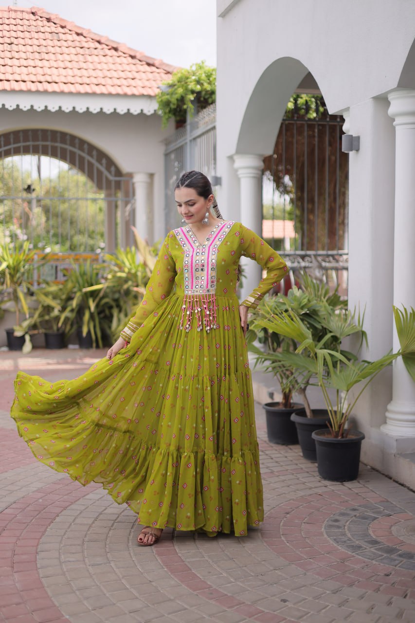 Green Laheriya Print Kutchi Work Navratri Gown