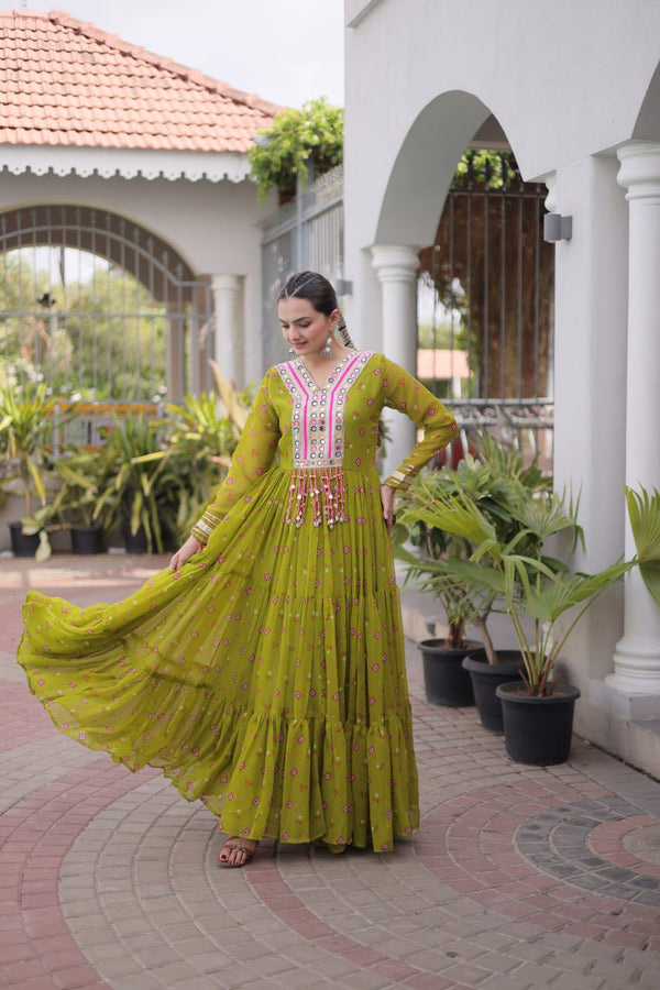 Green Laheriya Print Kutchi Work Navratri Gown