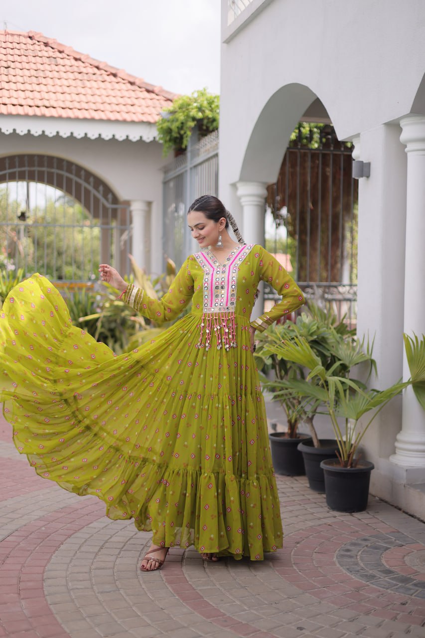 Green Laheriya Print Kutchi Work Navratri Gown
