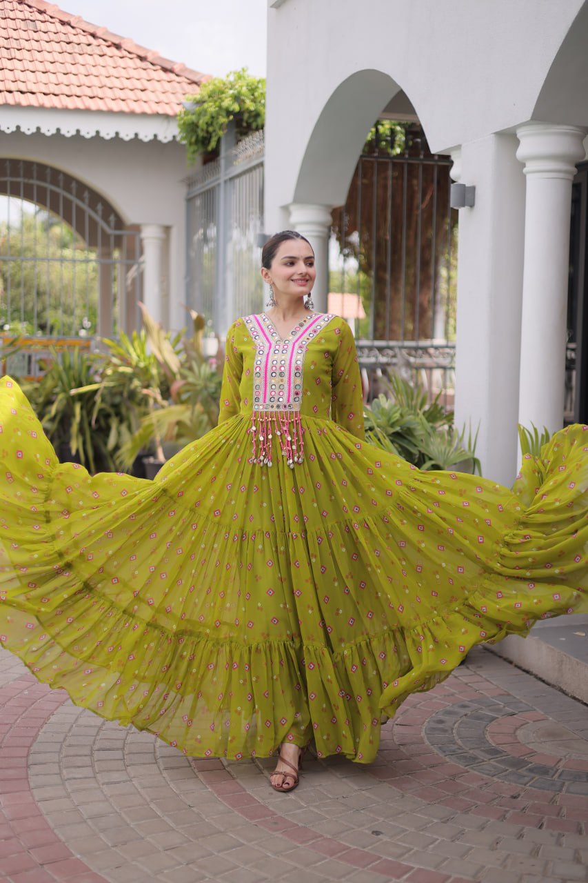 Green Laheriya Print Kutchi Work Navratri Gown