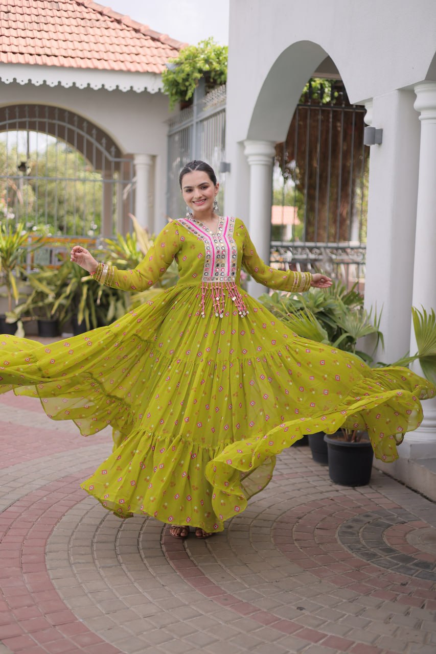 Green Laheriya Print Kutchi Work Navratri Gown