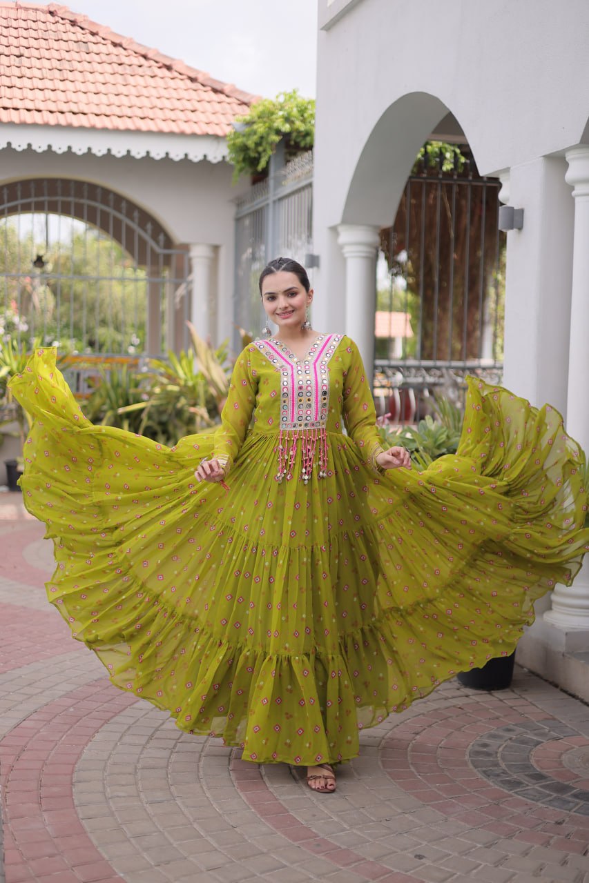 Green Laheriya Print Kutchi Work Navratri Gown