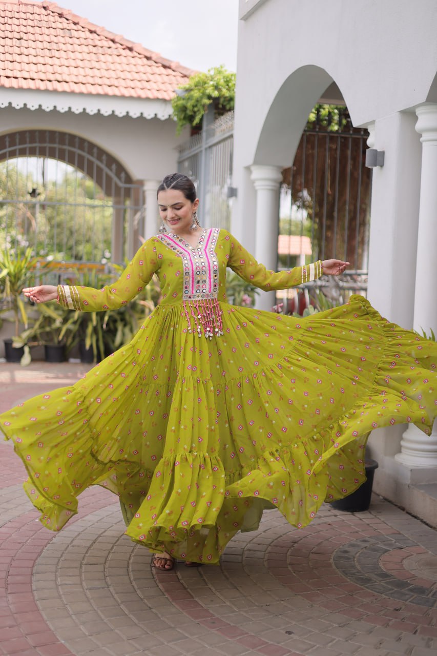 Green Laheriya Print Kutchi Work Navratri Gown