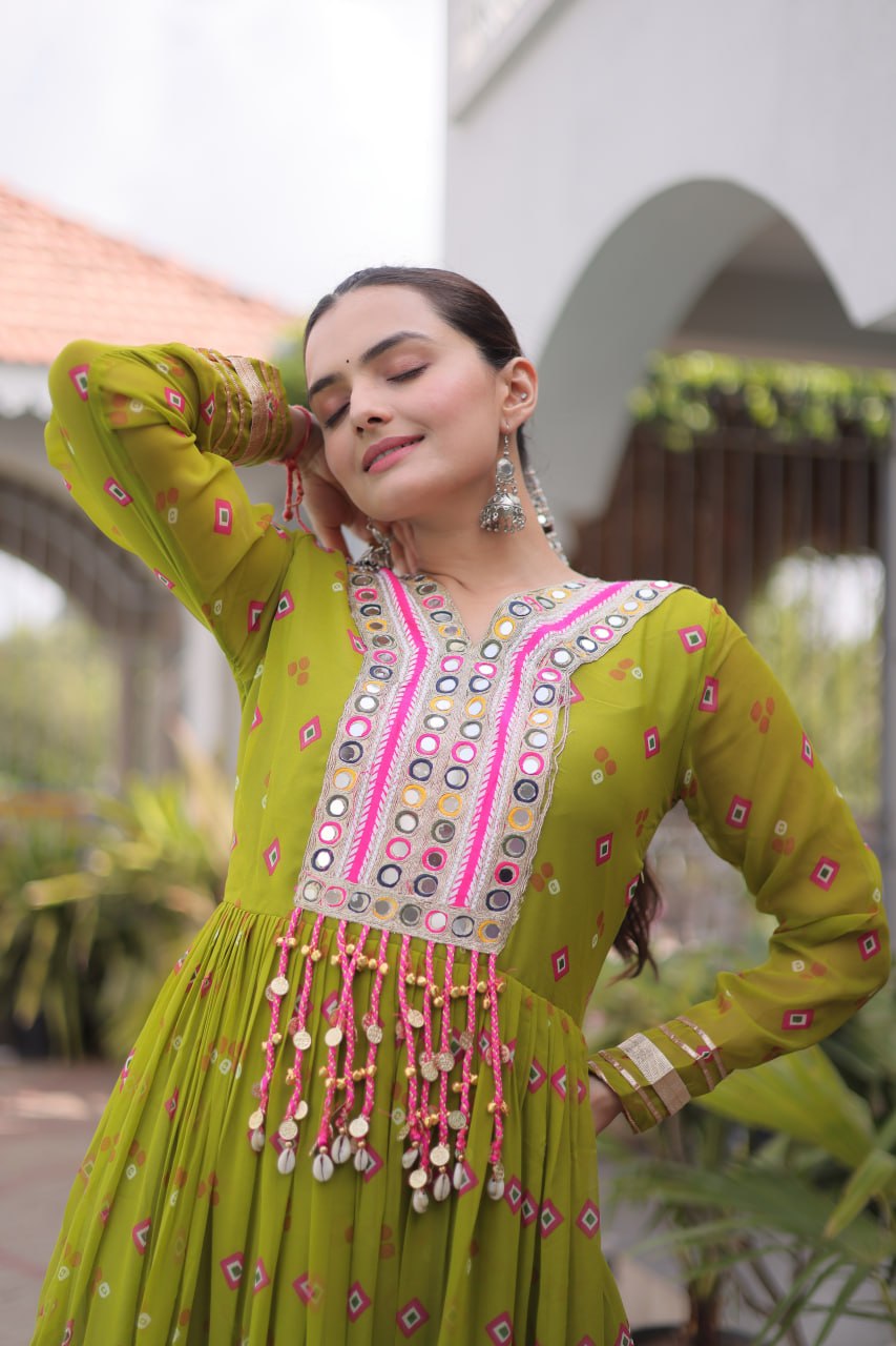 Green Laheriya Print Kutchi Work Navratri Gown