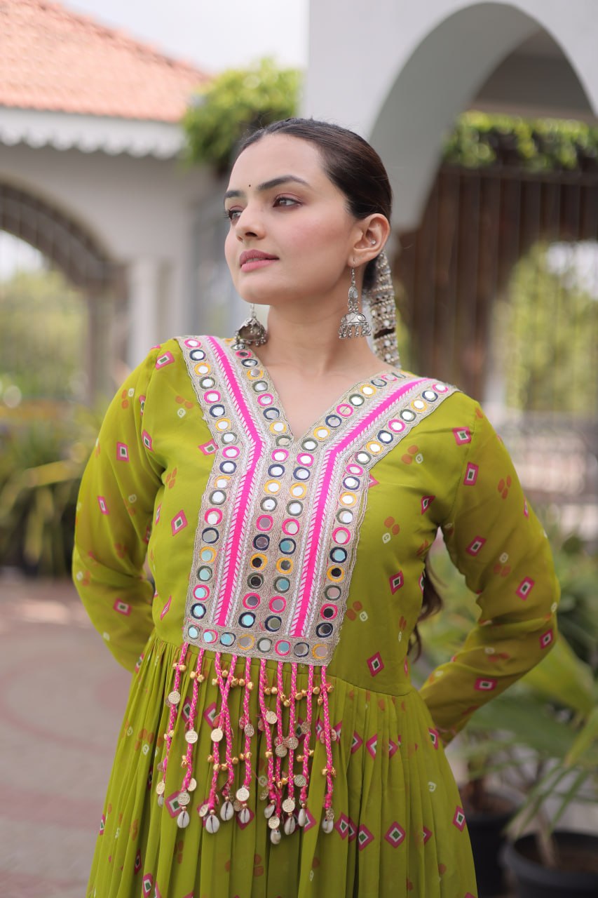 Green Laheriya Print Kutchi Work Navratri Gown