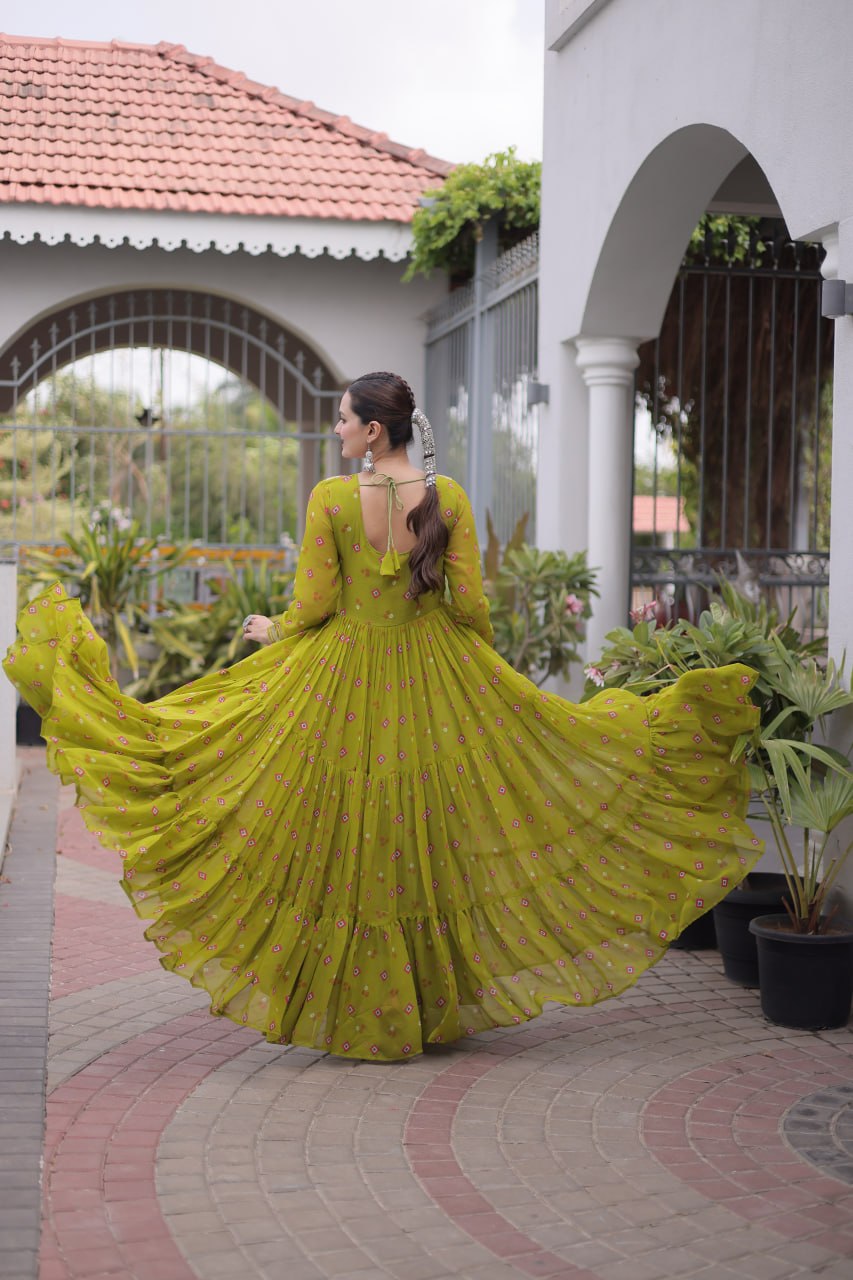 Green Laheriya Print Kutchi Work Navratri Gown