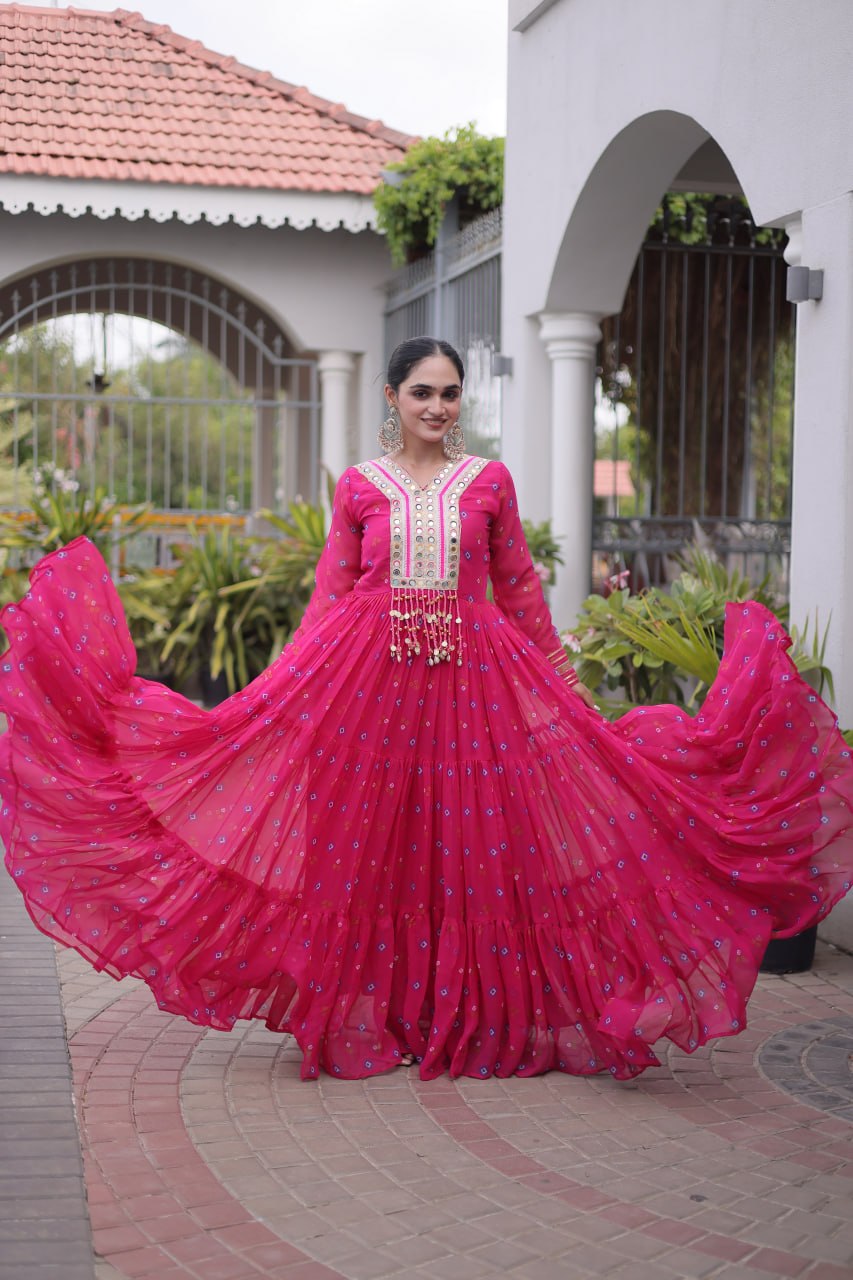 Pink Laheriya Print Kutchi Work Navratri Gown