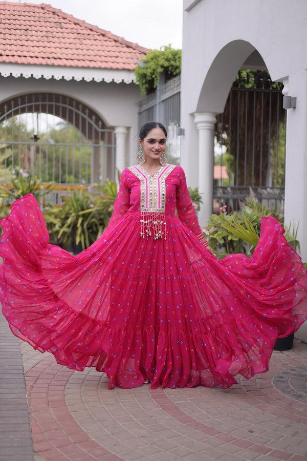 Pink Laheriya Print Kutchi Work Navratri Gown