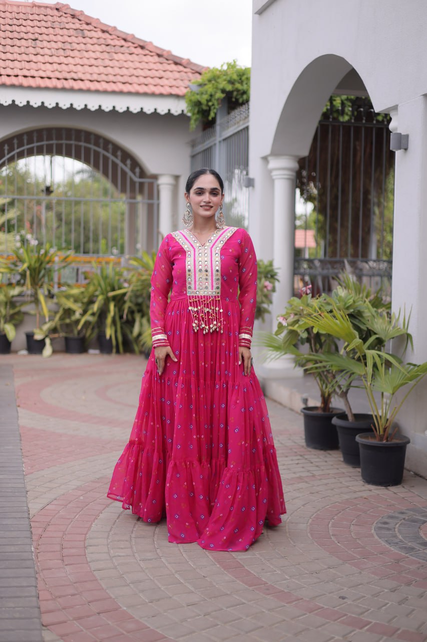 Pink Laheriya Print Kutchi Work Navratri Gown