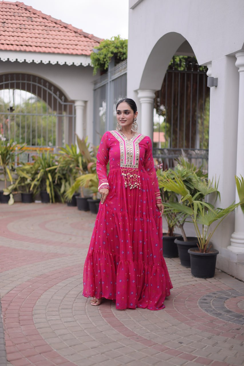 Pink Laheriya Print Kutchi Work Navratri Gown