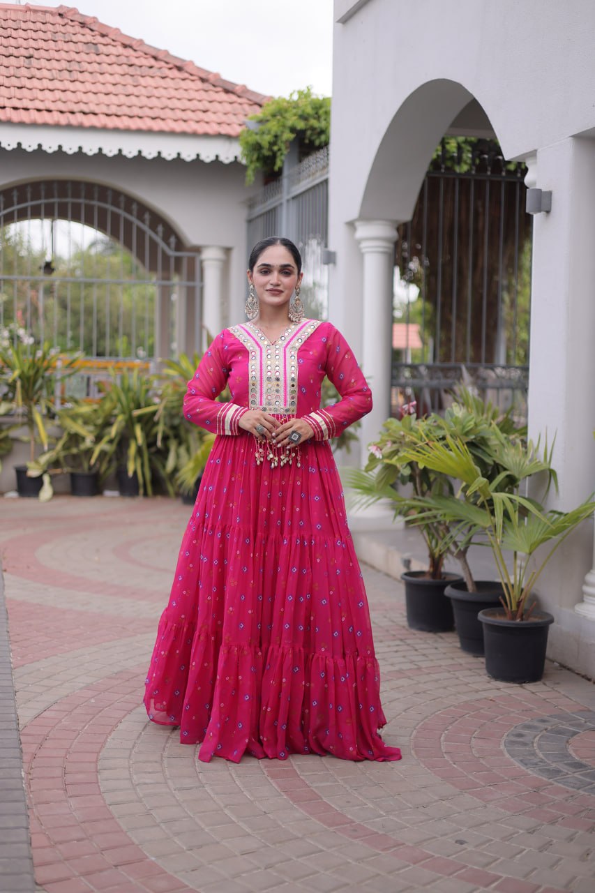Pink Laheriya Print Kutchi Work Navratri Gown