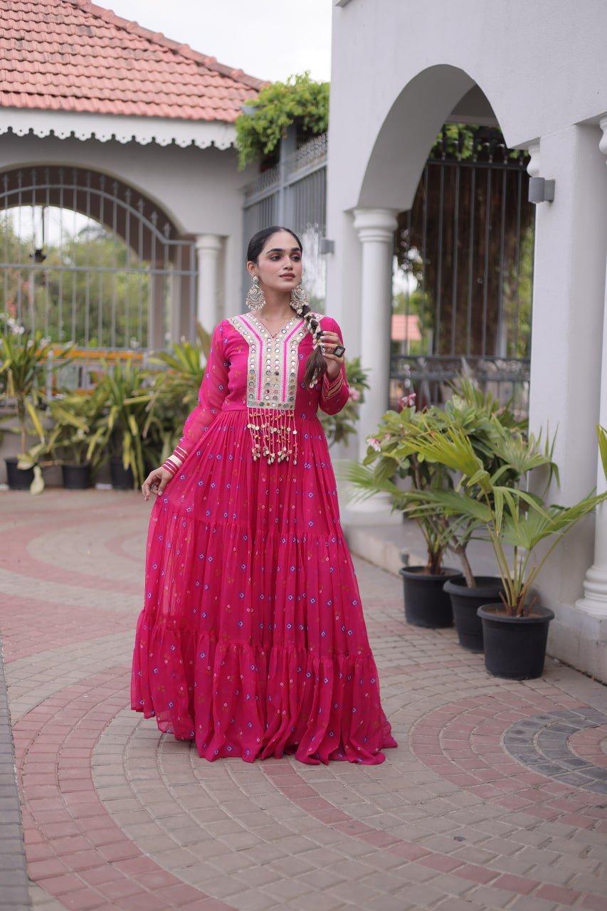 Pink Laheriya Print Kutchi Work Navratri Gown