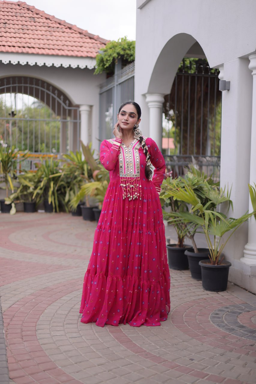 Pink Laheriya Print Kutchi Work Navratri Gown