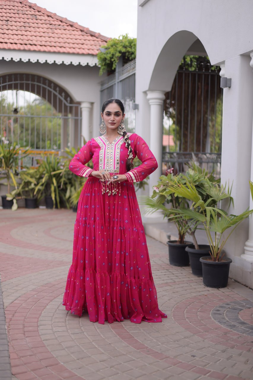 Pink Laheriya Print Kutchi Work Navratri Gown