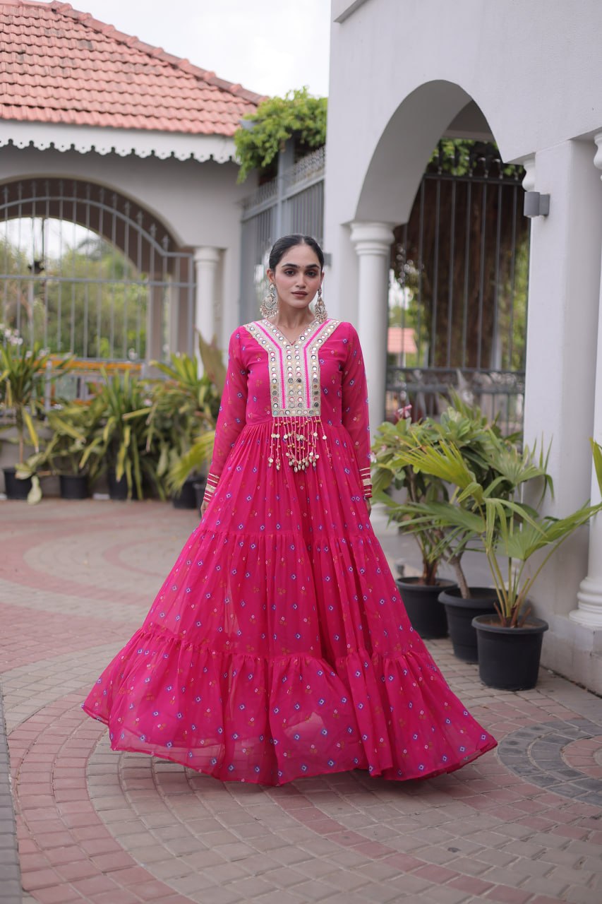 Pink Laheriya Print Kutchi Work Navratri Gown