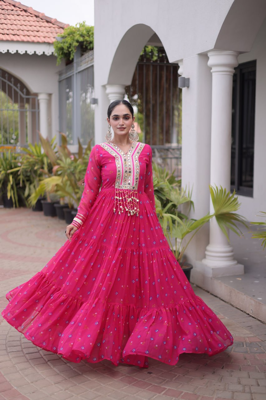 Pink Laheriya Print Kutchi Work Navratri Gown