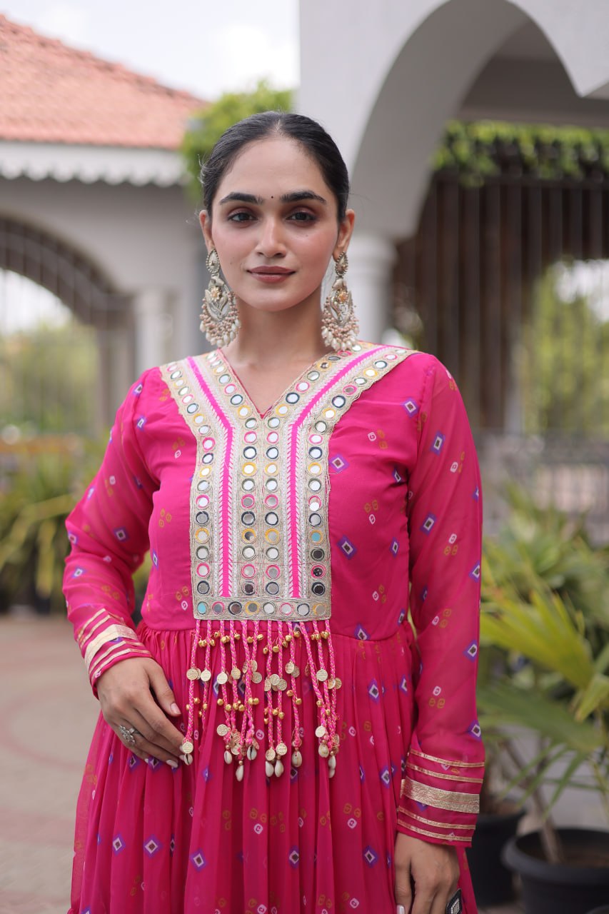 Pink Laheriya Print Kutchi Work Navratri Gown
