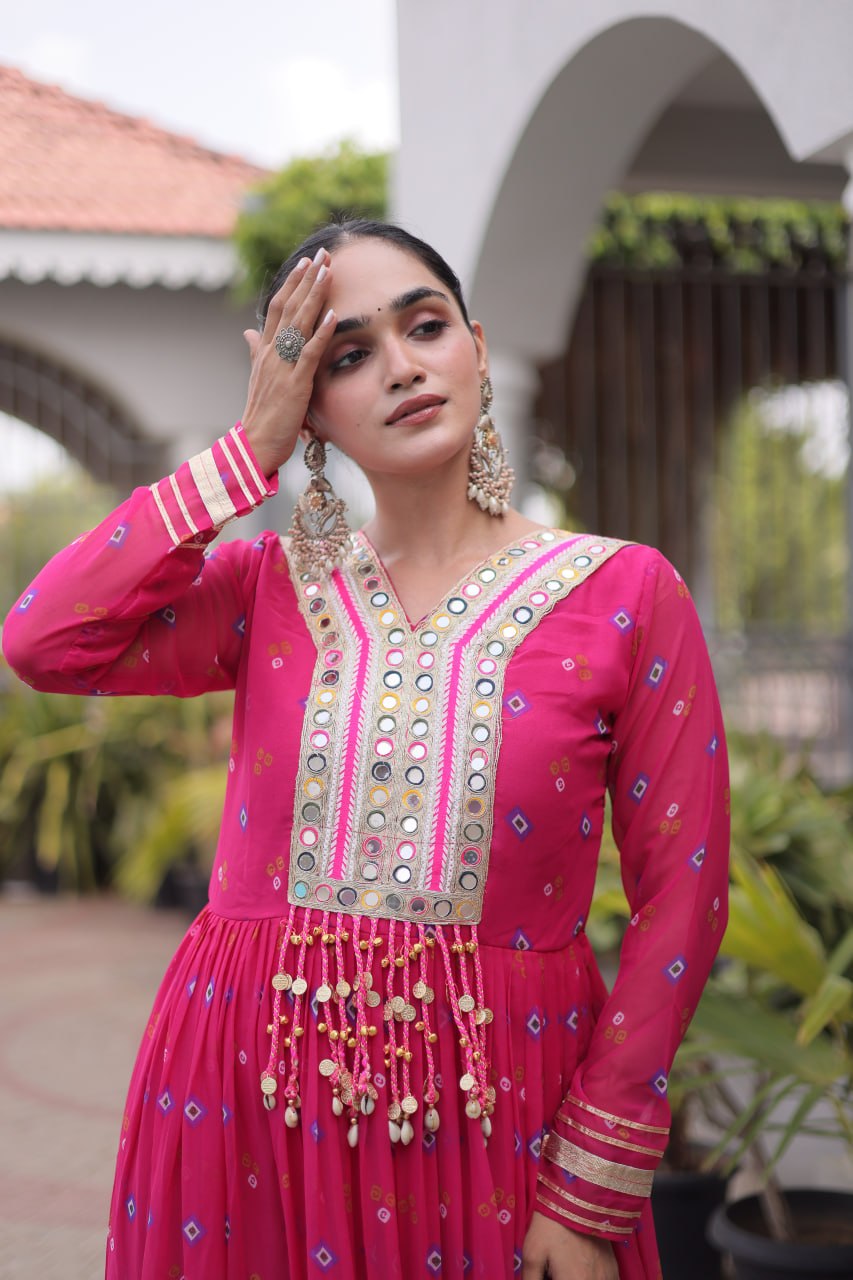 Pink Laheriya Print Kutchi Work Navratri Gown