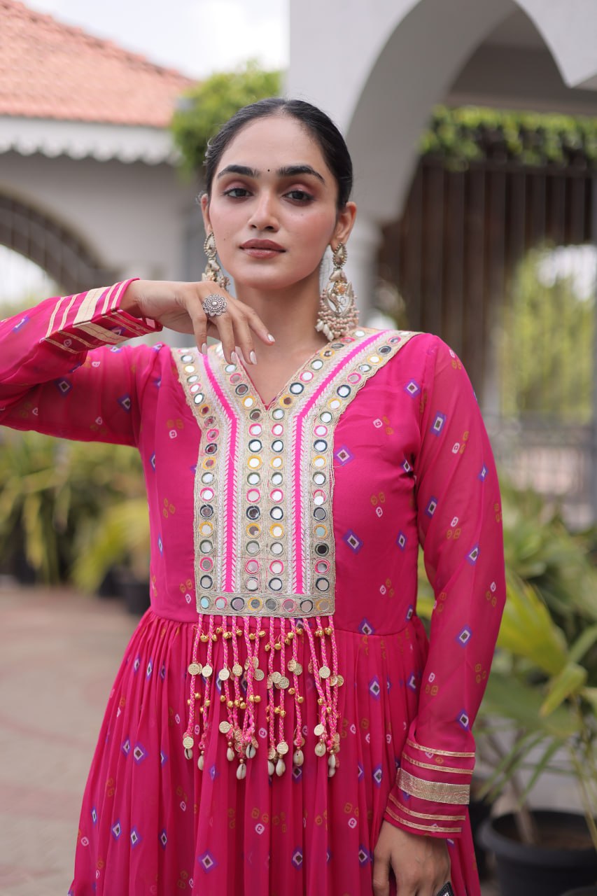 Pink Laheriya Print Kutchi Work Navratri Gown