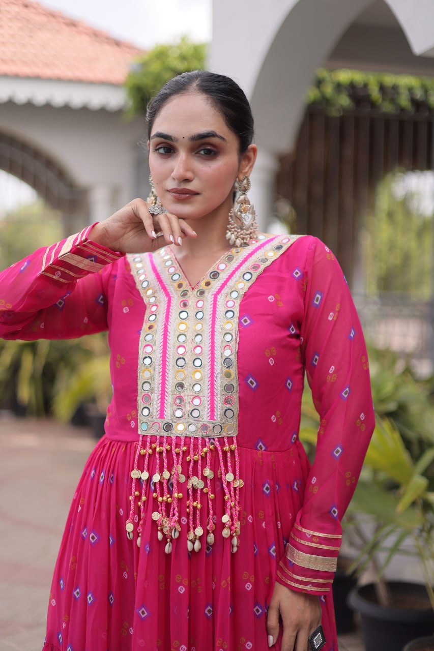 Pink Laheriya Print Kutchi Work Navratri Gown