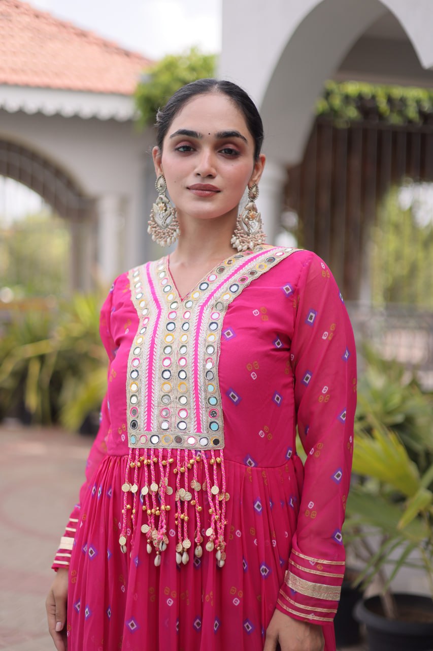 Pink Laheriya Print Kutchi Work Navratri Gown