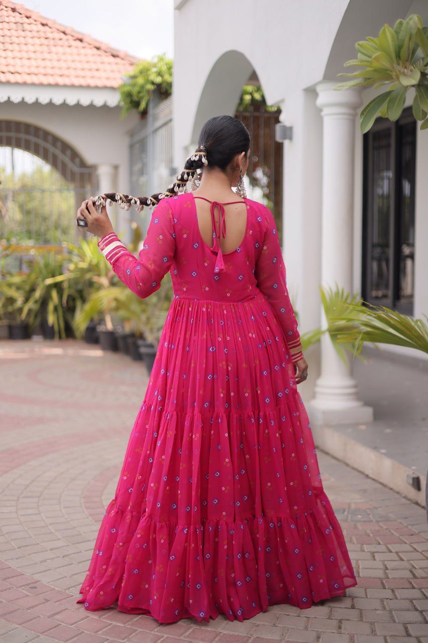 Pink Laheriya Print Kutchi Work Navratri Gown