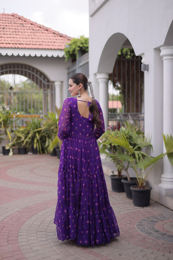 purple Laheriya Print Kutchi Work Navratri Gown