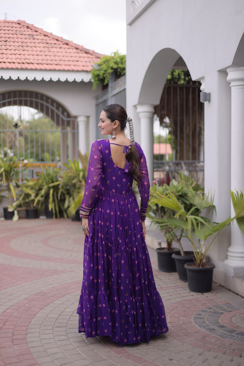 purple Laheriya Print Kutchi Work Navratri Gown
