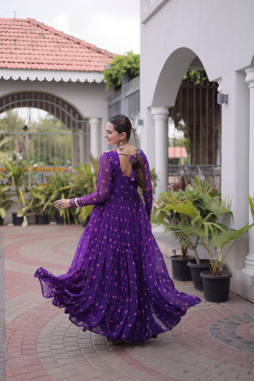 purple Laheriya Print Kutchi Work Navratri Gown