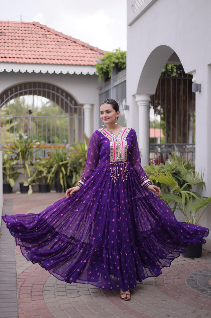 purple Laheriya Print Kutchi Work Navratri Gown