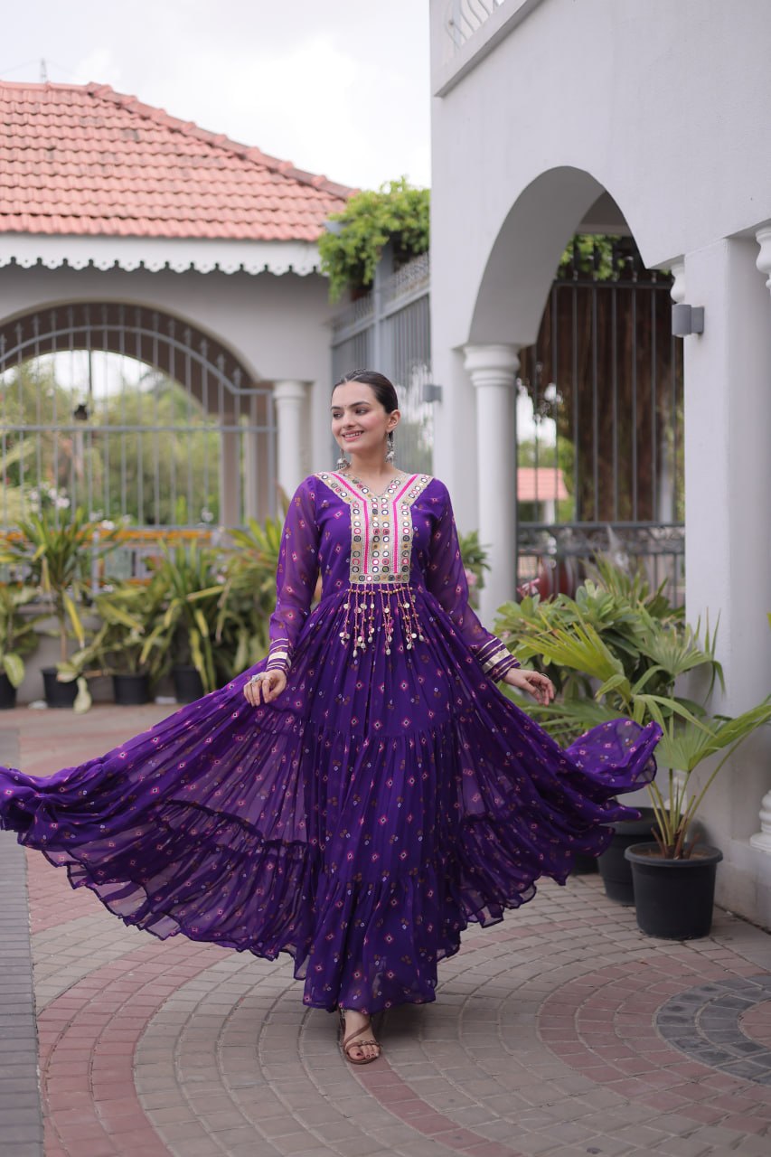 purple Laheriya Print Kutchi Work Navratri Gown