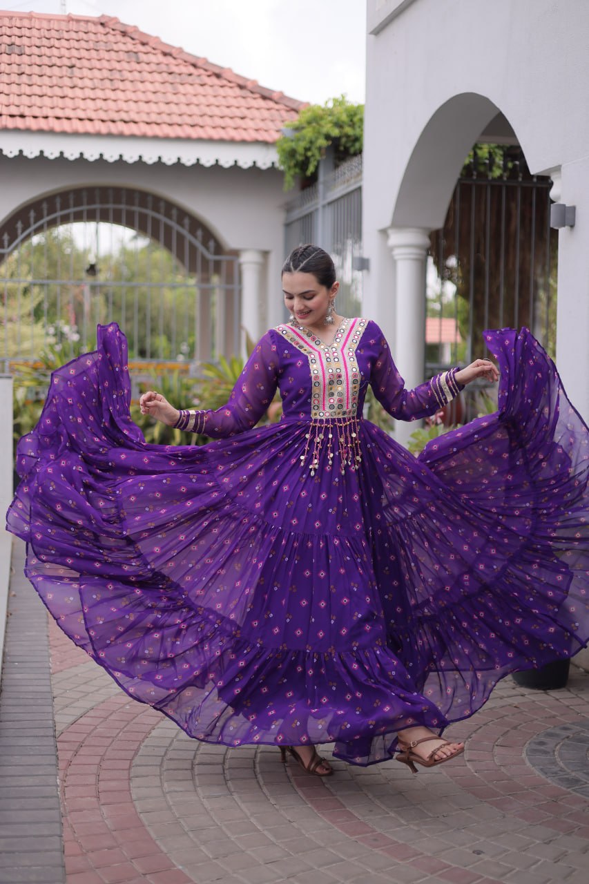 purple Laheriya Print Kutchi Work Navratri Gown
