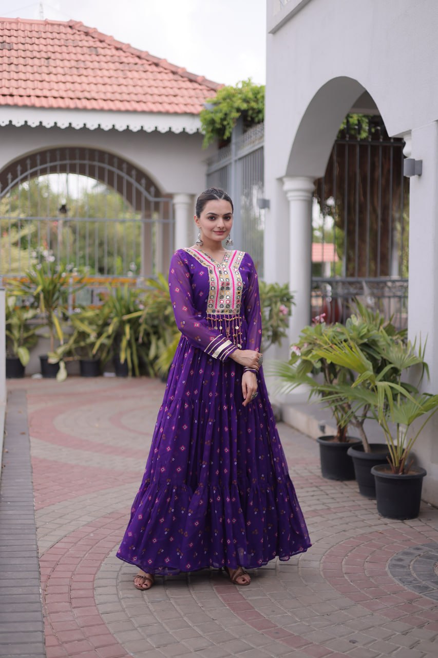 purple Laheriya Print Kutchi Work Navratri Gown