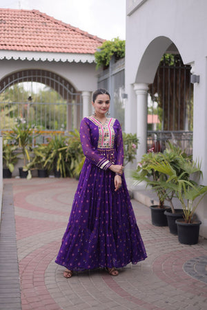 purple Laheriya Print Kutchi Work Navratri Gown