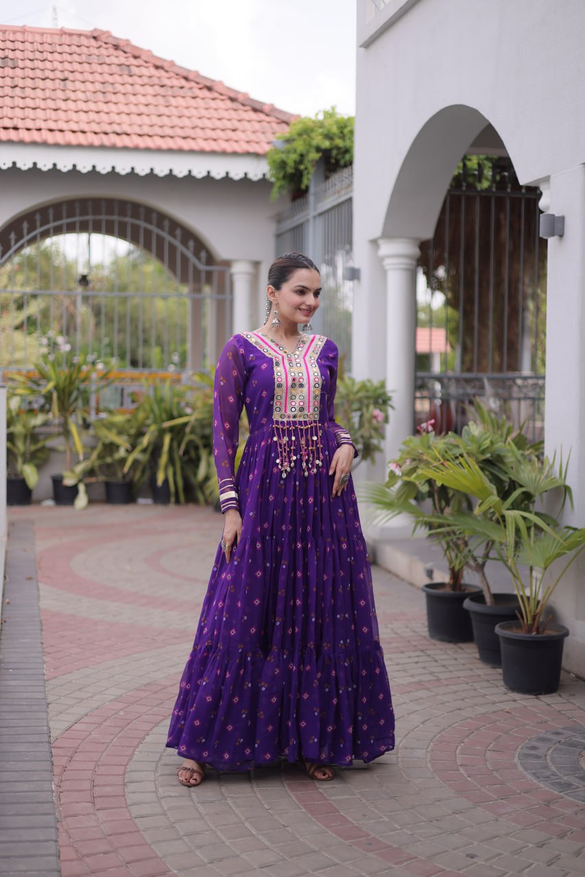 purple Laheriya Print Kutchi Work Navratri Gown