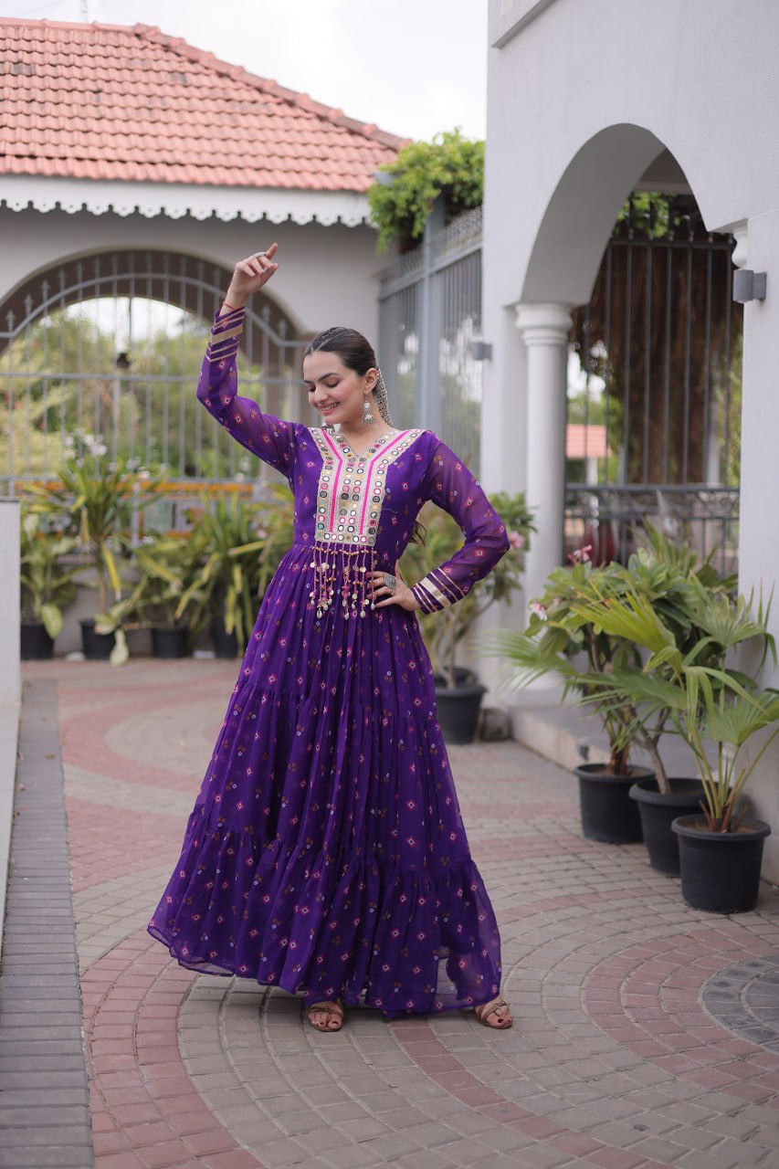 purple Laheriya Print Kutchi Work Navratri Gown