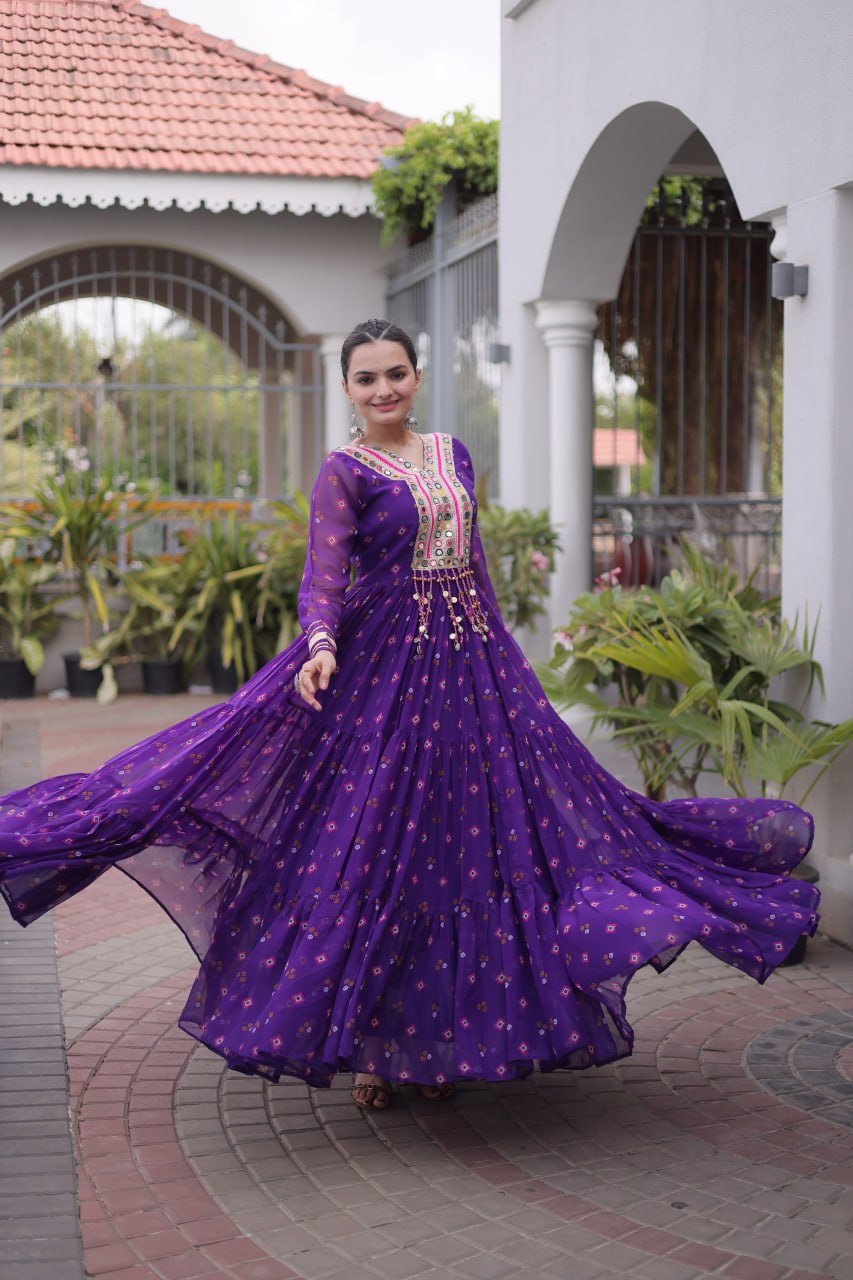 purple Laheriya Print Kutchi Work Navratri Gown